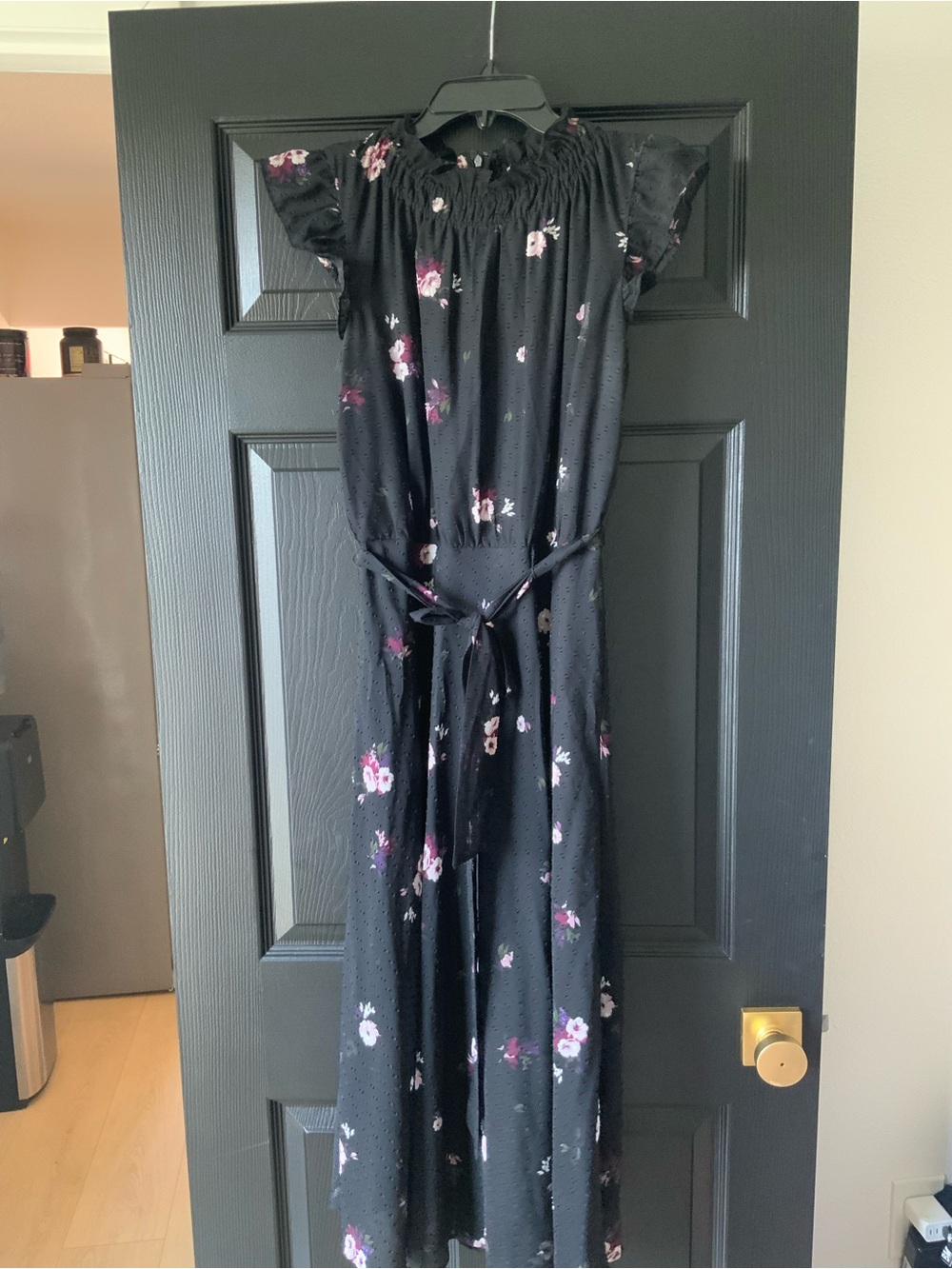 DKNY Black Midi Dress with Pink Floral Print